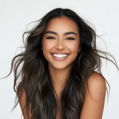 Smiling woman with wavy dark hair