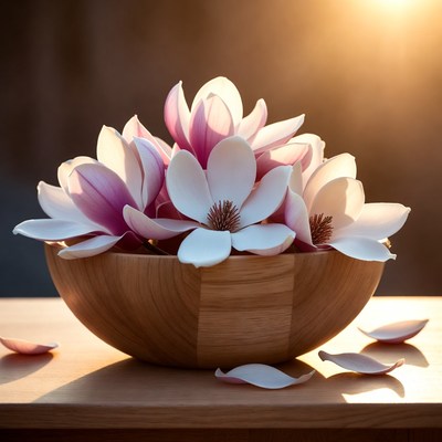 Pink Magnolia Flowers in Wooden Bowl