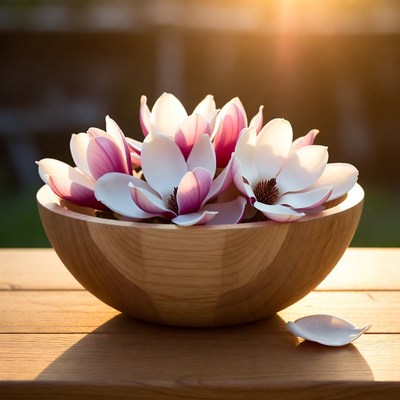 Pink Magnolia Flowers in Wooden Bowl