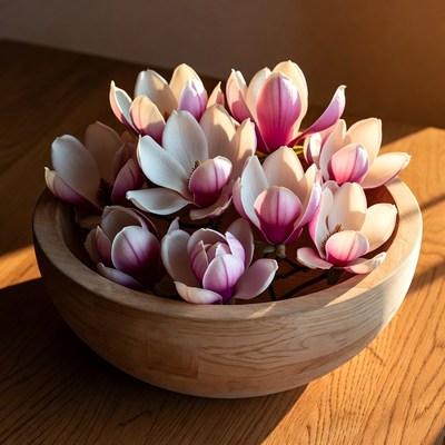 Pink Magnolia Flowers in Wooden Bowl