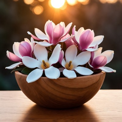 Pink and White Magnolias in Wooden Bowl