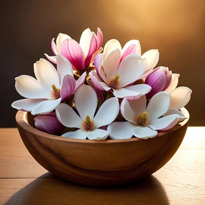 White Magnolia Flowers in Wooden Bowl