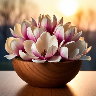 Pink Magnolia Flowers in Wooden Bowl
