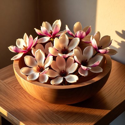Magnolia flowers in wooden bowl