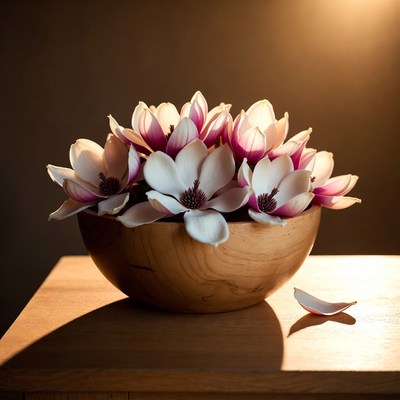 Pink Magnolia Flowers in Wooden Bowl