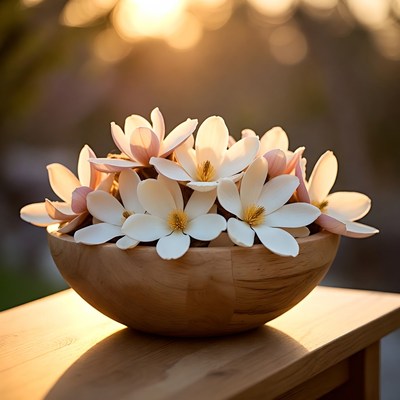 White Magnolia Flowers in Wooden Bowl