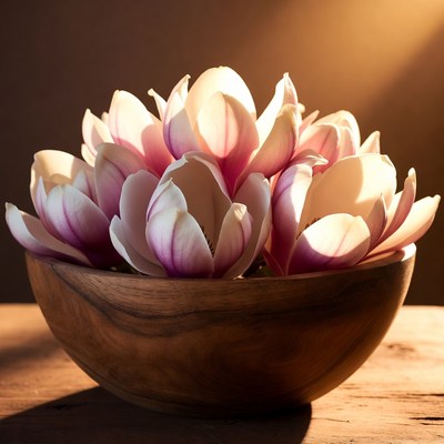 Pink Magnolia Flowers in Wooden Bowl