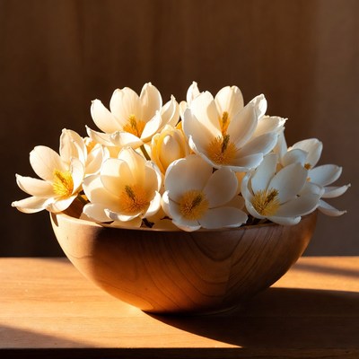 White Magnolia Flowers in Wooden Bowl