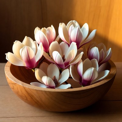 Magnolia flowers in wooden bowl