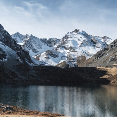 Snowy Mountains Reflecting in Alpine Lake