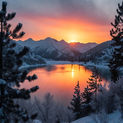 Sunrise over snowy mountains and lake