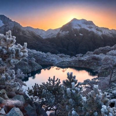 Snowy Mountain Lake at Sunset