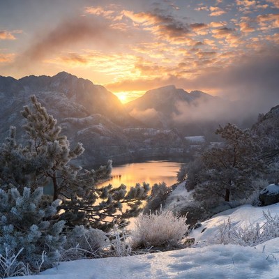 Snowy Mountain Lake at Sunset
