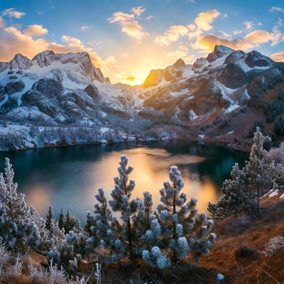 Sunrise over snowy mountains and lake