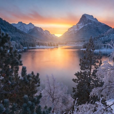 Snowy Mountain Lake Sunset Reflection