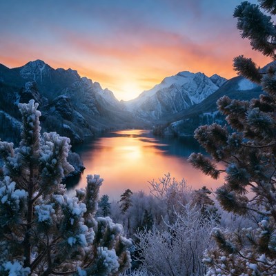 Sunset over snowy mountains and lake