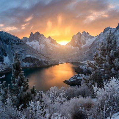 Sunrise over snowy mountains and lake