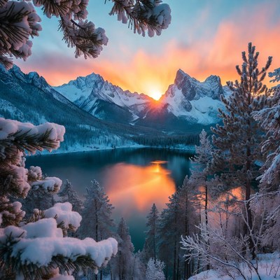 Sunrise over snowy mountains and lake