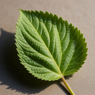 Green serrated leaf on beige background