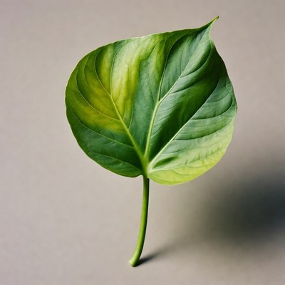Green heart-shaped leaf on gray background