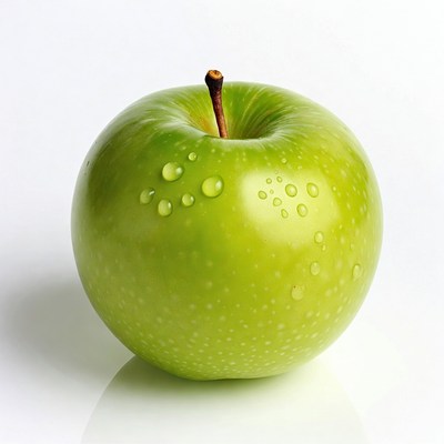 Green apple with water droplets