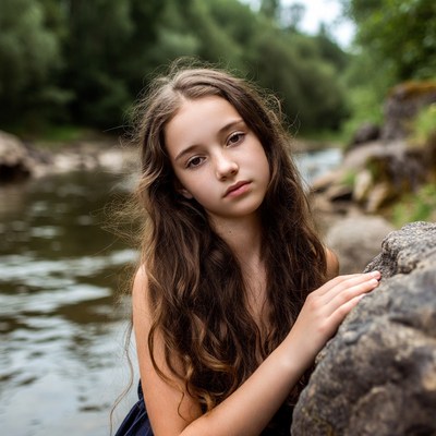 Girl leaning on rock by river