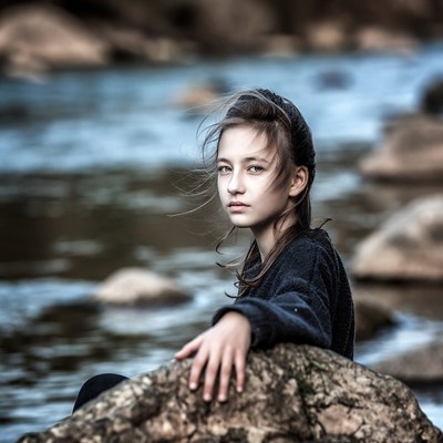 Girl sitting on rock by river