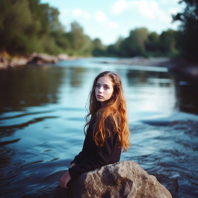 Teen girl with red hair on riverside rock