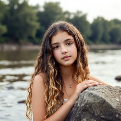 Girl leaning on rock by river