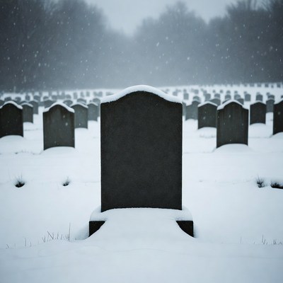 Snowy Cemetery Gravestones in Fog