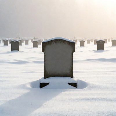Blank gravestone in snowy cemetery