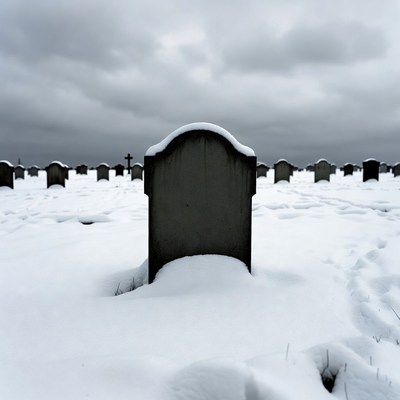 Snowy Graveyard Tombstones Under Gray Sky