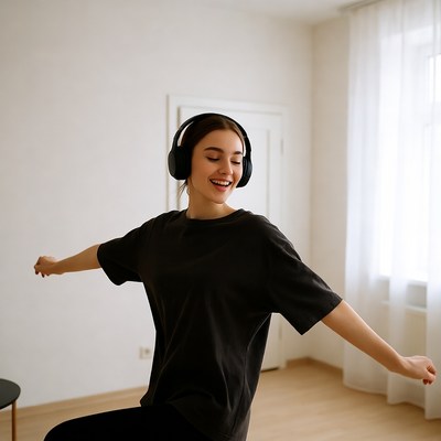 Young woman dancing with headphones