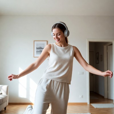 Woman dancing with headphones in living room