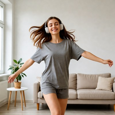 Woman dancing with headphones in living room