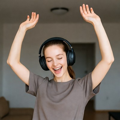 Young woman dancing with headphones