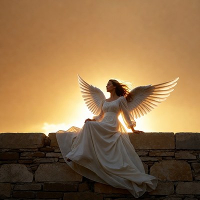 Woman angel sitting on stone wall