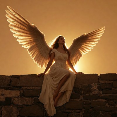 Woman with Angel Wings on Stone Wall
