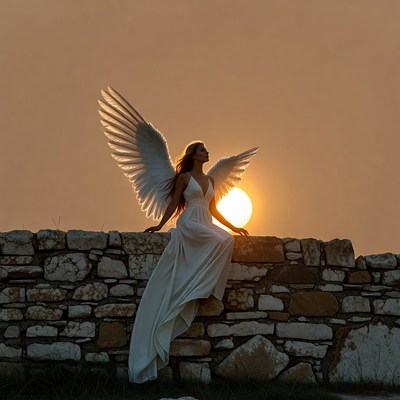 Woman angel with wings at sunset