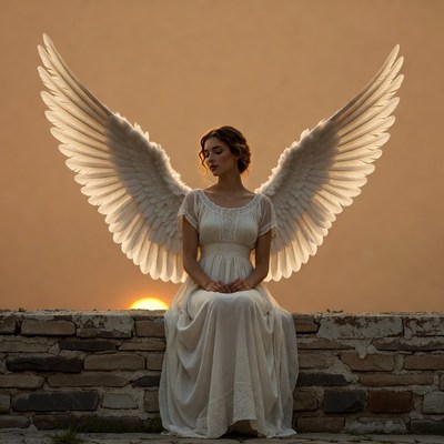 Woman angel with wings at sunset
