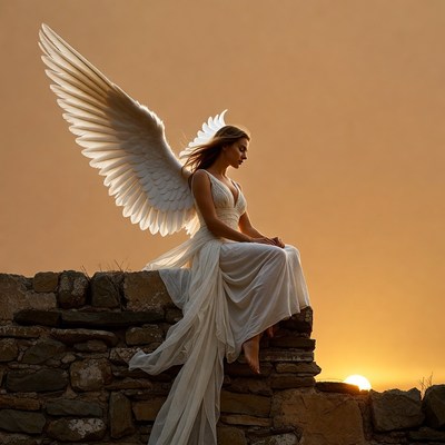 Blonde Angel Woman Sitting on Sunset Wall