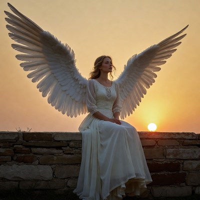 Woman with angel wings at sunset