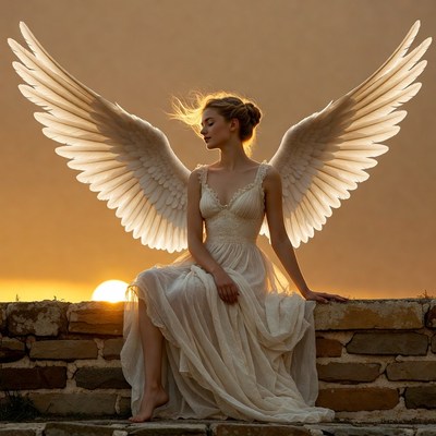 Blonde Angel Woman with Wings at Sunset