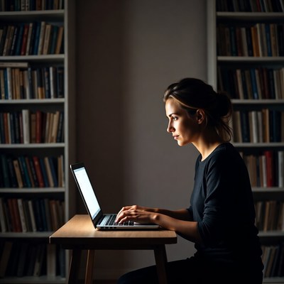 Woman working on laptop in library