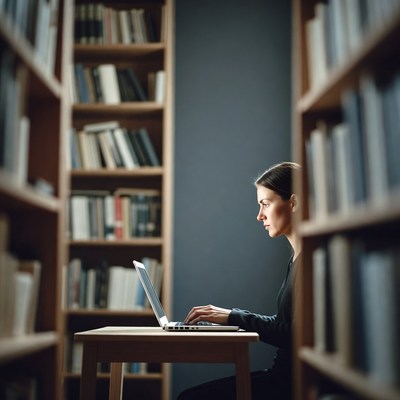 Woman working on laptop in library