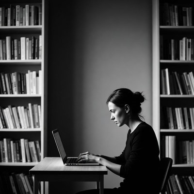 Woman working on laptop in library