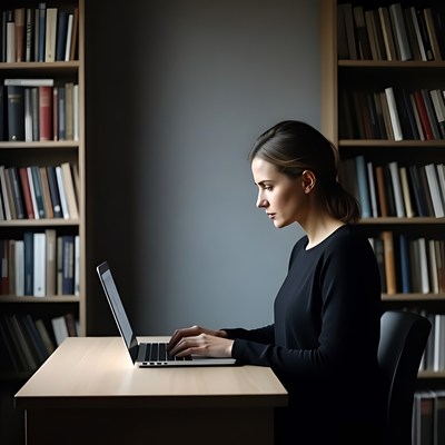 Woman working on laptop in library