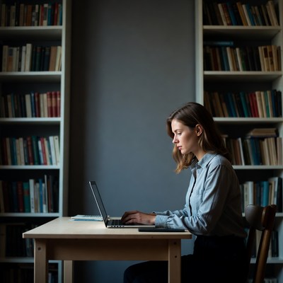 Woman working on laptop in library
