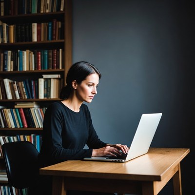 Woman working on laptop in library