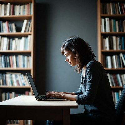 Woman working on laptop in library